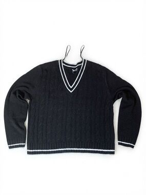 Divided H&M Black White V-Neck Cricket Sweater Cable Knit Preppy Size Medium